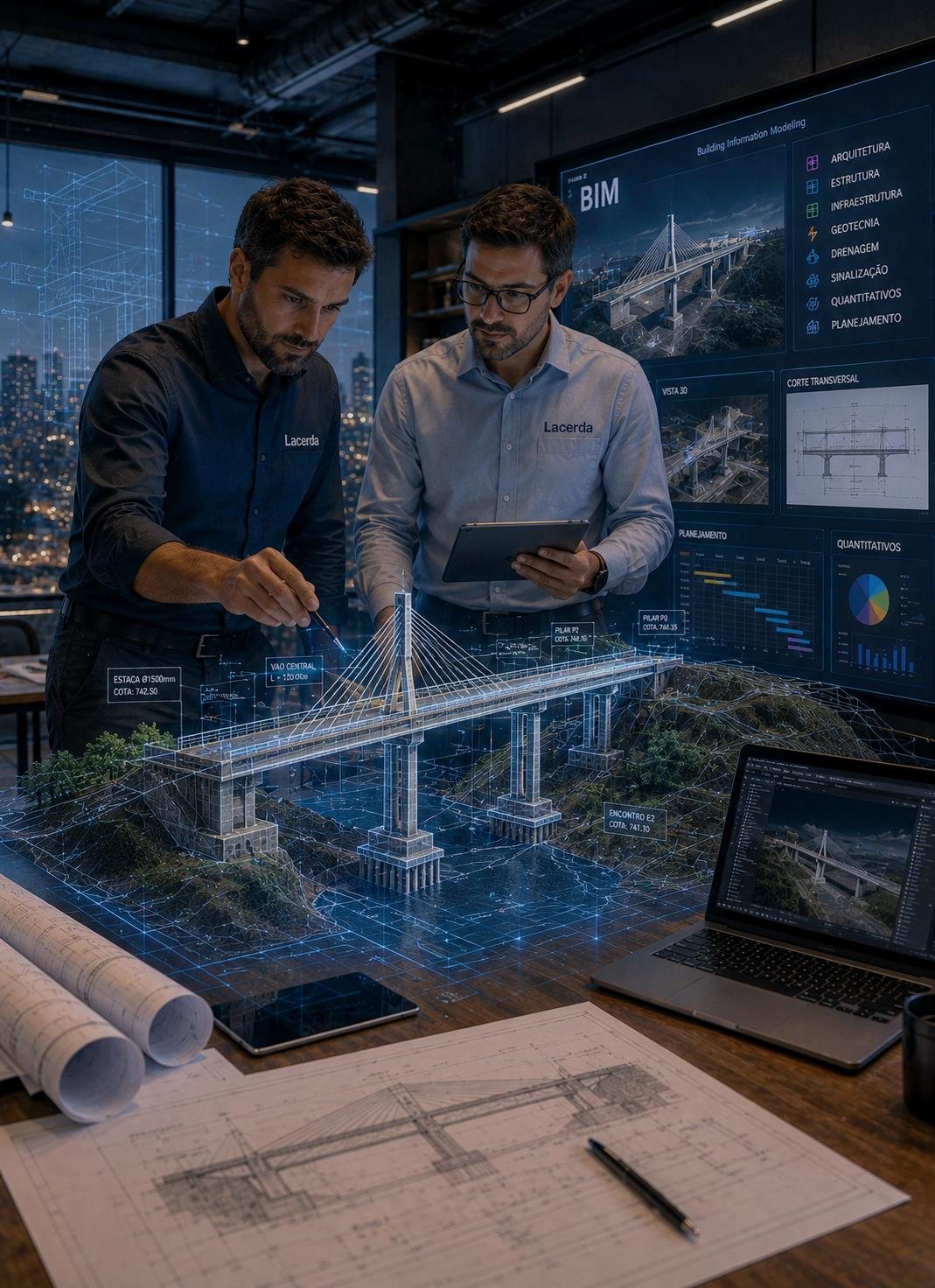 Engenheiros analisando modelo digital tridimensional de uma ponte